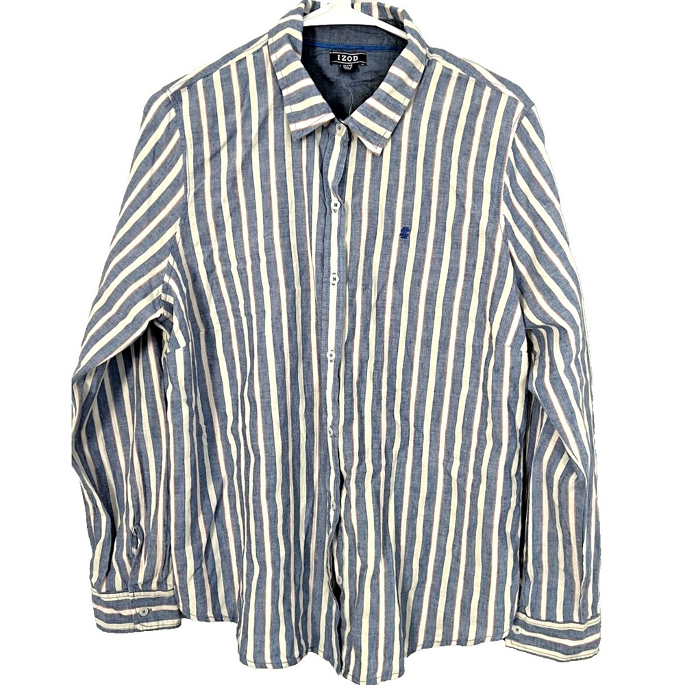 Izod Shirt Men XL Nautical Striped Linen Blend Button Long Sleeve Casual NWT